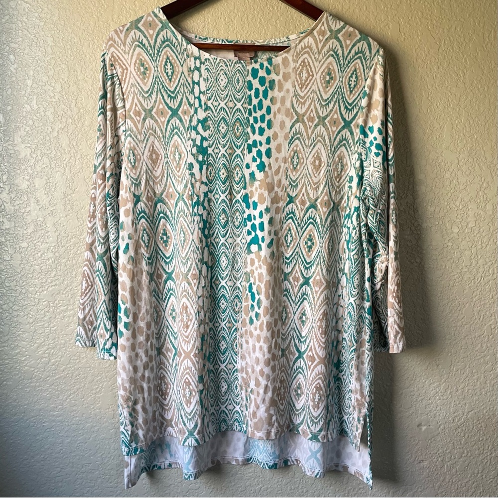 Easywear by Chicos Womens 2 Blue Geometric Stretchy Casual 3/4 Sleeve Blouse Top